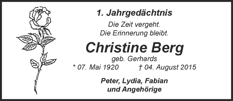  Traueranzeige für Christine Berg vom 03.08.2016 aus  Kölner Wochenspiegel 