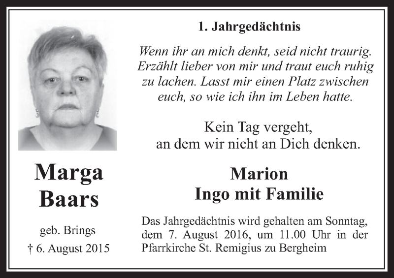  Traueranzeige für Marga Baars vom 03.08.2016 aus  Werbepost 