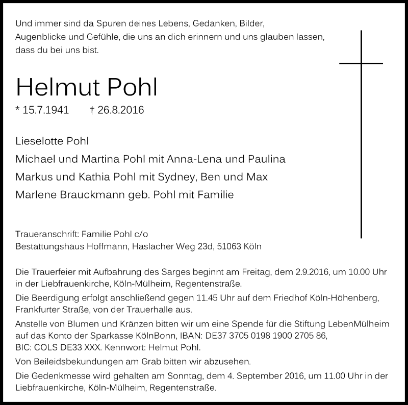  Traueranzeige für Helmut Pohl vom 31.08.2016 aus Kölner Stadt-Anzeiger / Kölnische Rundschau / Express
