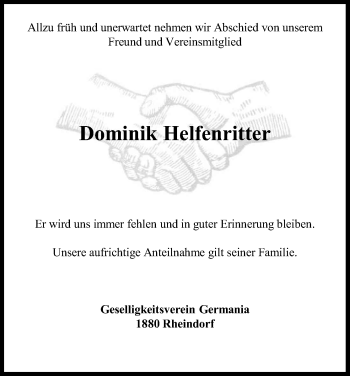 Anzeige von Dominik Helfenritter von Kölner Stadt-Anzeiger / Kölnische Rundschau / Express