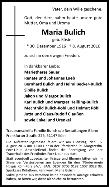 Anzeige von Maria Bulich von Kölner Stadt-Anzeiger / Kölnische Rundschau / Express