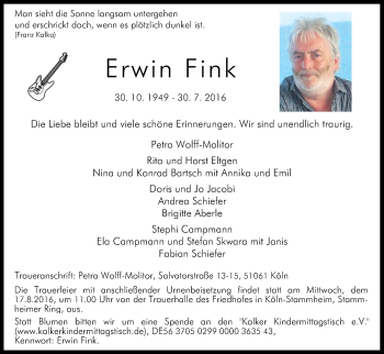 Anzeige von Erwin Fink von Kölner Stadt-Anzeiger / Kölnische Rundschau / Express