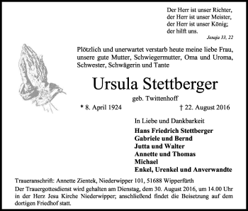 Anzeige von Ursula Stettberger von Kölner Stadt-Anzeiger / Kölnische Rundschau / Express