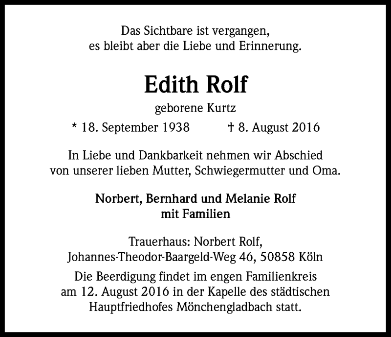  Traueranzeige für Edith Rolf vom 13.08.2016 aus Kölner Stadt-Anzeiger / Kölnische Rundschau / Express