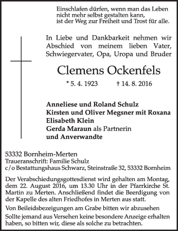 Anzeige von Clemens Ockenfels von  Schlossbote/Werbekurier 