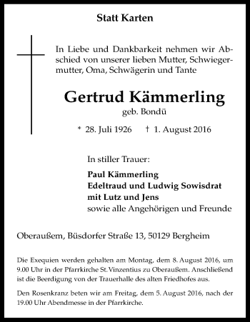 Anzeige von Gertrud Kämmerling von Kölner Stadt-Anzeiger / Kölnische Rundschau / Express