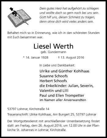Anzeige von Liesel Werth von Kölner Stadt-Anzeiger / Kölnische Rundschau / Express