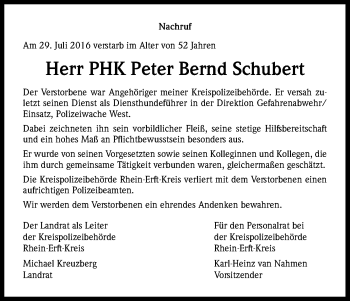 Anzeige von Peter Bernd Schubert von Kölner Stadt-Anzeiger / Kölnische Rundschau / Express