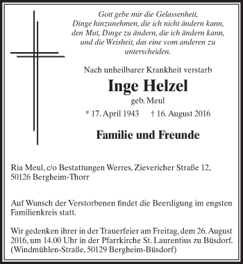 Anzeige von Inge Helzel von  Sonntags-Post 