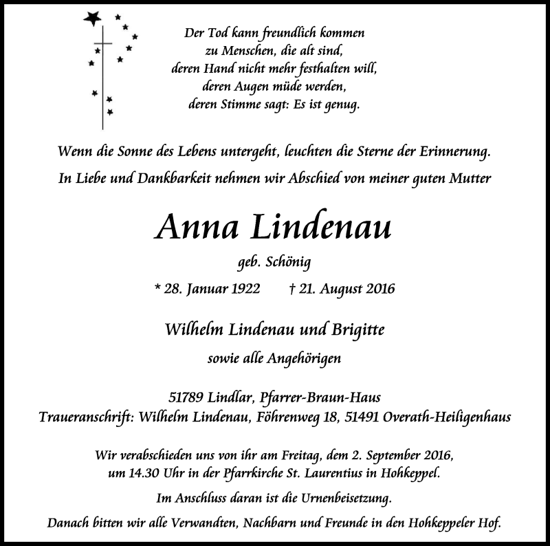  Traueranzeige für Anna Lindenau vom 27.08.2016 aus Kölner Stadt-Anzeiger / Kölnische Rundschau / Express