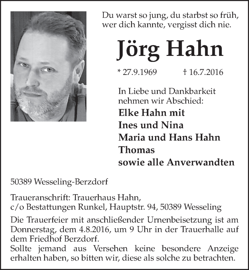  Traueranzeige für Jörg Hahn vom 03.08.2016 aus  Schlossbote/Werbekurier 