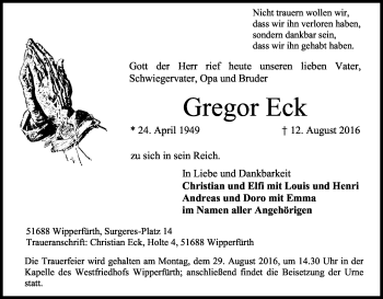 Anzeige von Gregor Eck von Kölner Stadt-Anzeiger / Kölnische Rundschau / Express