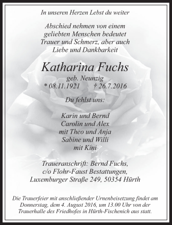 Anzeige von Katharina Fuchs von  Wochenende 