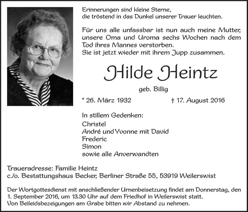  Traueranzeige für Hilde Heintz vom 27.08.2016 aus  Blickpunkt Euskirchen 