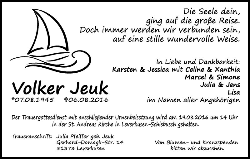  Traueranzeige für Volker Jeuk vom 13.08.2016 aus Kölner Stadt-Anzeiger / Kölnische Rundschau / Express