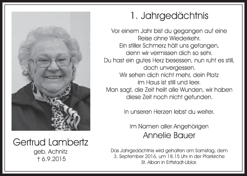  Traueranzeige für Gertrud Lambertz vom 31.08.2016 aus  Werbepost 