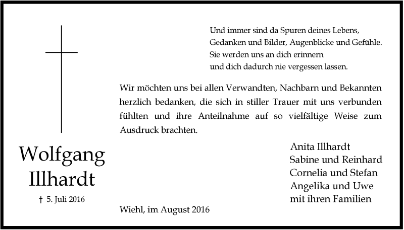  Traueranzeige für Wolfgang Illhardt vom 24.08.2016 aus  Anzeigen Echo 