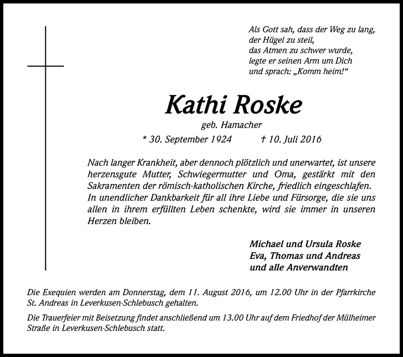 Traueranzeige für Kathi Roske vom 06.08.2016 aus Kölner Stadt-Anzeiger / Kölnische Rundschau / Express