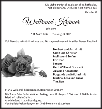 Anzeige von Waltraud Krämer von  Lokalanzeiger 