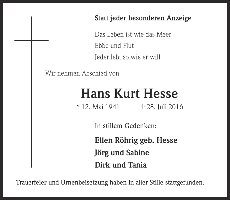  Traueranzeige für Hans Kurt Hesse vom 31.08.2016 aus  Kölner Wochenspiegel 