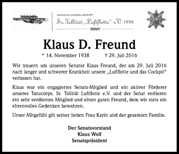 Anzeige von Klaus Freund von Kölner Stadt-Anzeiger / Kölnische Rundschau / Express