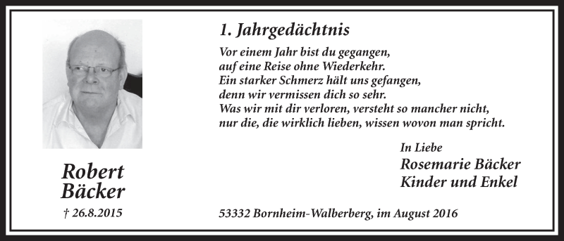  Traueranzeige für Robert Bäcker vom 24.08.2016 aus  Schlossbote/Werbekurier 