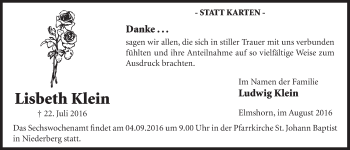 Anzeige von Lisbeth Klein von  Schlossbote/Werbekurier 