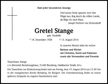 Anzeige von Gretel Stange von Kölner Stadt-Anzeiger / Kölnische Rundschau / Express