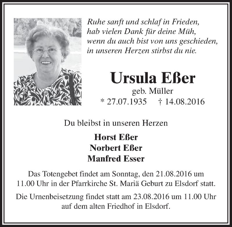  Traueranzeige für Ursula Eßer vom 20.08.2016 aus  Sonntags-Post 
