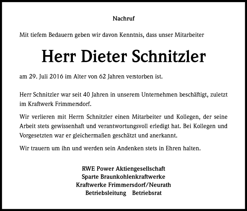  Traueranzeige für Dieter Schnitzler vom 09.08.2016 aus Kölner Stadt-Anzeiger / Kölnische Rundschau / Express