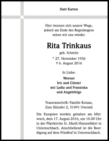 Anzeige von Rita Trinkaus von Kölner Stadt-Anzeiger / Kölnische Rundschau / Express