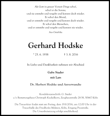 Anzeige von Gerhard Hodske von Kölner Stadt-Anzeiger / Kölnische Rundschau / Express