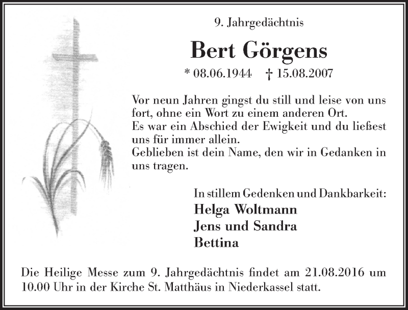  Traueranzeige für Bert Görgens vom 10.08.2016 aus  Extra Blatt 