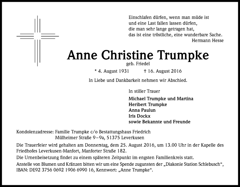  Traueranzeige für Anne Christine Trumpke vom 20.08.2016 aus Kölner Stadt-Anzeiger / Kölnische Rundschau / Express