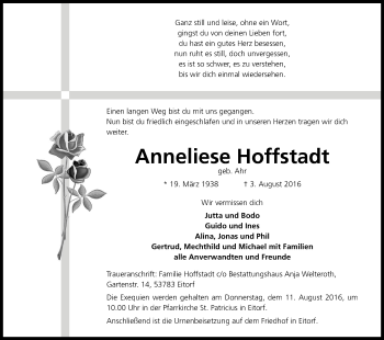 Anzeige von Anneliese Hoffstadt von Kölner Stadt-Anzeiger / Kölnische Rundschau / Express