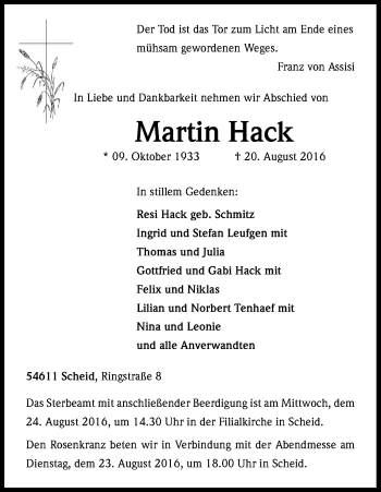 Anzeige von Martin Hack von Kölner Stadt-Anzeiger / Kölnische Rundschau / Express