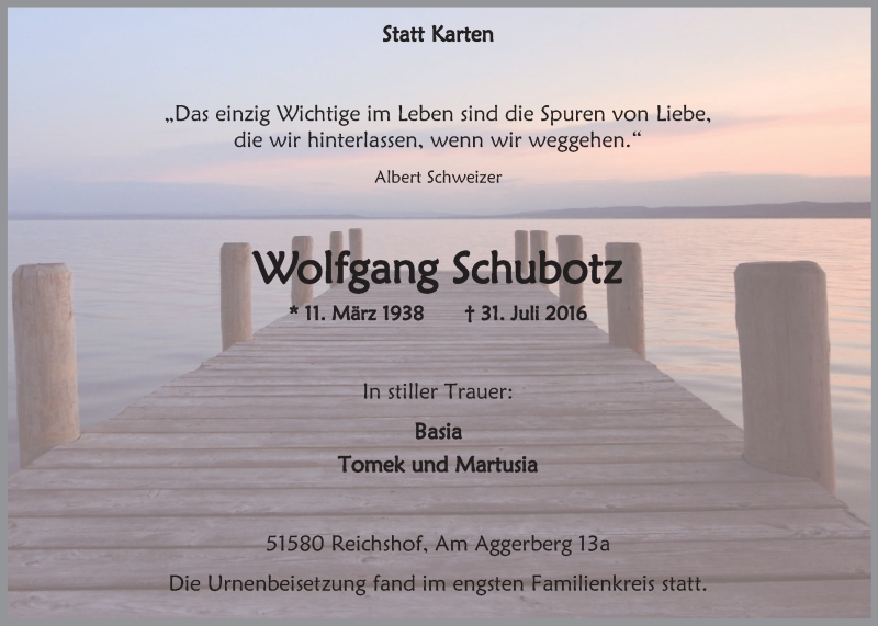  Traueranzeige für Wolfgang Schubotz vom 10.08.2016 aus  Anzeigen Echo 