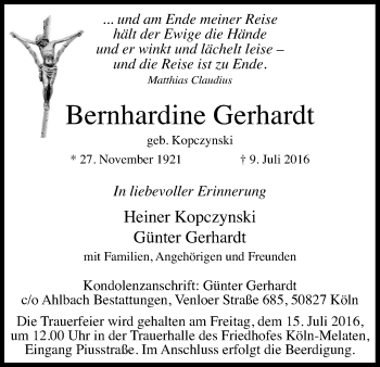 Anzeige von Bernhardine Gerhardt von Kölner Stadt-Anzeiger / Kölnische Rundschau / Express