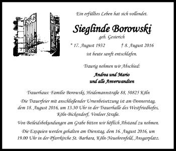 Anzeige von Sieglinde Borowski von Kölner Stadt-Anzeiger / Kölnische Rundschau / Express