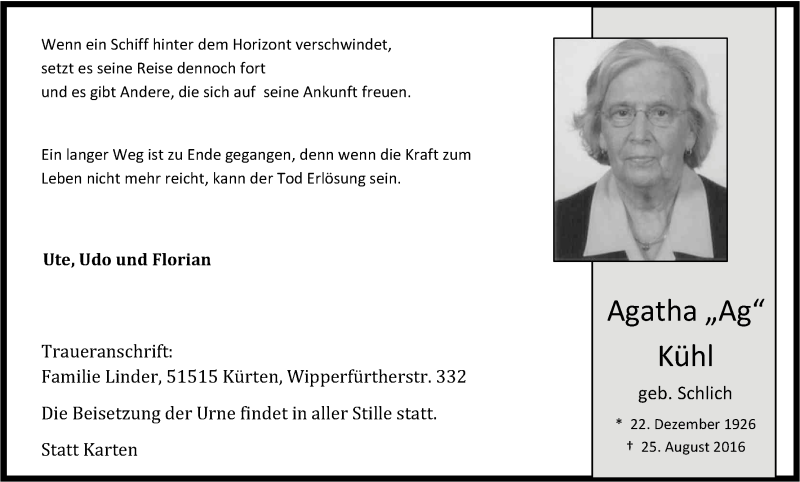  Traueranzeige für Agatha Kühl vom 31.08.2016 aus Kölner Stadt-Anzeiger / Kölnische Rundschau / Express