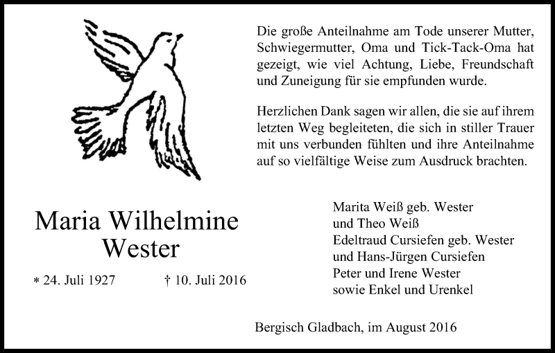 Traueranzeige für Maria Wilhelmine Wester vom 19.08.2016 aus Kölner Stadt-Anzeiger / Kölnische Rundschau / Express
