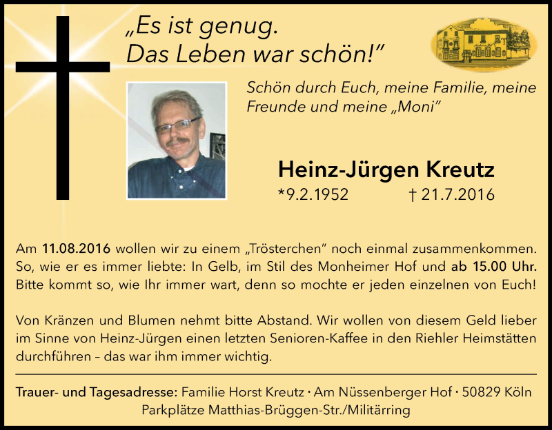  Traueranzeige für Heinz-Jürgen Kreutz vom 05.08.2016 aus Kölner Stadt-Anzeiger / Kölnische Rundschau / Express