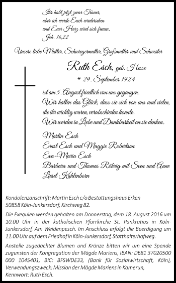 Anzeige von Ruth Esch von Kölner Stadt-Anzeiger / Kölnische Rundschau / Express