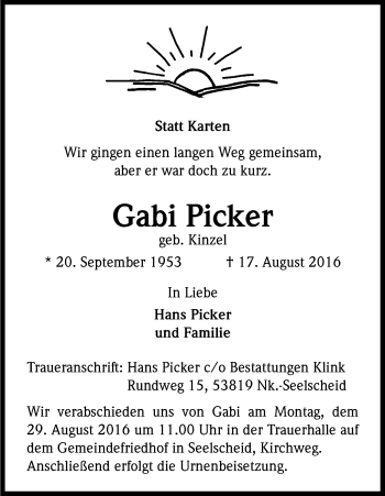 Anzeige von Gabi Picker von Kölner Stadt-Anzeiger / Kölnische Rundschau / Express