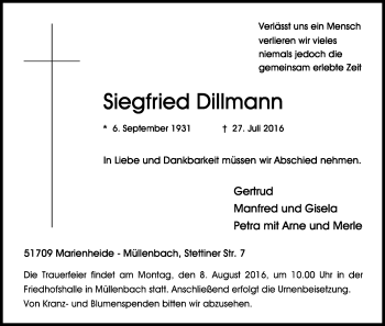 Anzeige von Siegfried Dillmann von Kölner Stadt-Anzeiger / Kölnische Rundschau / Express