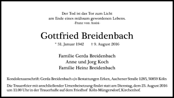 Anzeige von Gottfried Breidenbach von Kölner Stadt-Anzeiger / Kölnische Rundschau / Express