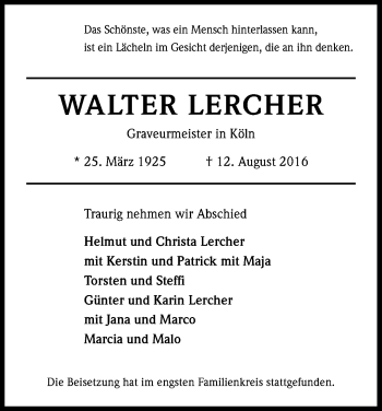 Anzeige von Walter Lercher von Kölner Stadt-Anzeiger / Kölnische Rundschau / Express