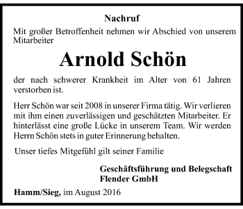 Anzeige von Arnold Schön von Kölner Stadt-Anzeiger / Kölnische Rundschau / Express