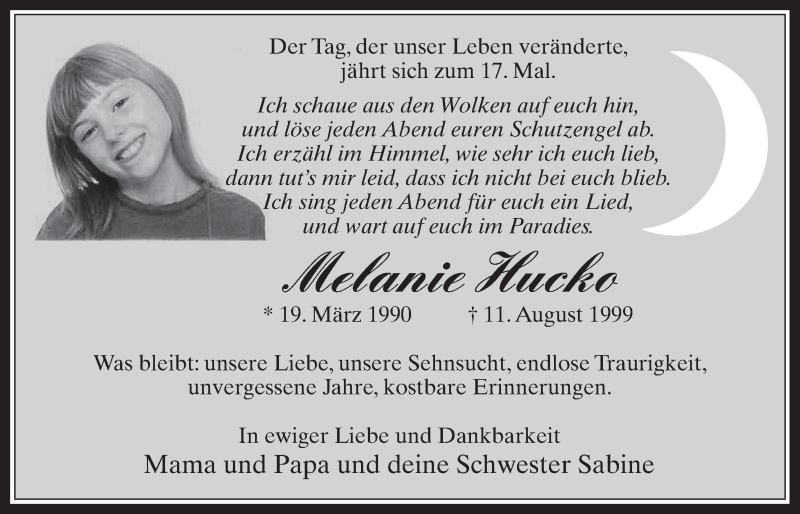  Traueranzeige für Melanie Hucko vom 10.08.2016 aus  Werbepost 