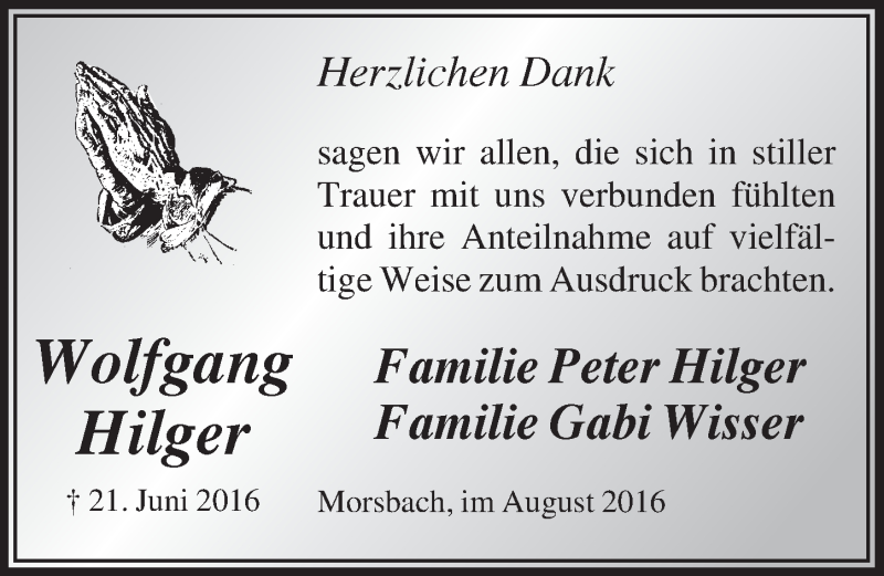  Traueranzeige für Wolfgang Hilger vom 03.08.2016 aus  Lokalanzeiger 